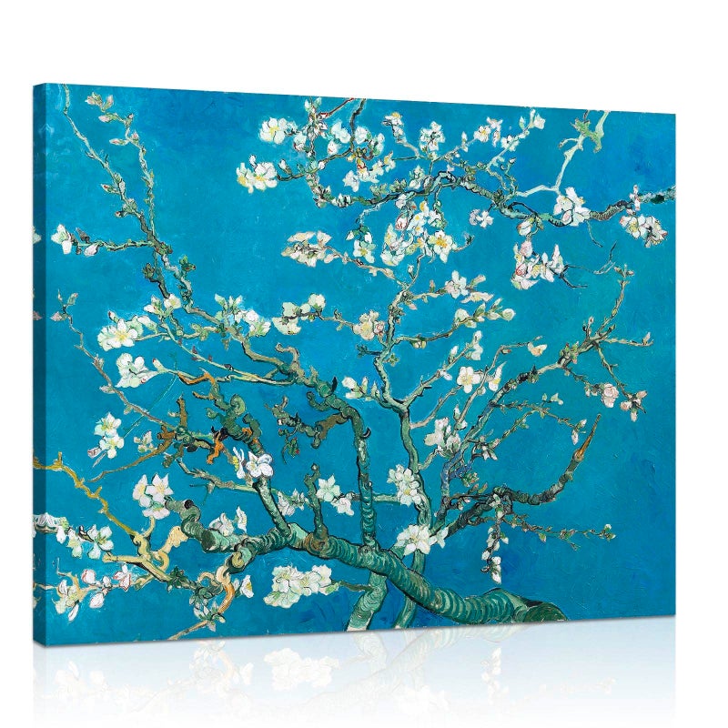 1 KINGO Van Gogh Canvas Wall Art: Almond Blossom Oil Painting Flower Picture Reproduction Room Decor, Famous Art Prints Floral Tree Poster Teal Modern Artwork Home Decoration 12"" x 15"" - Image 1